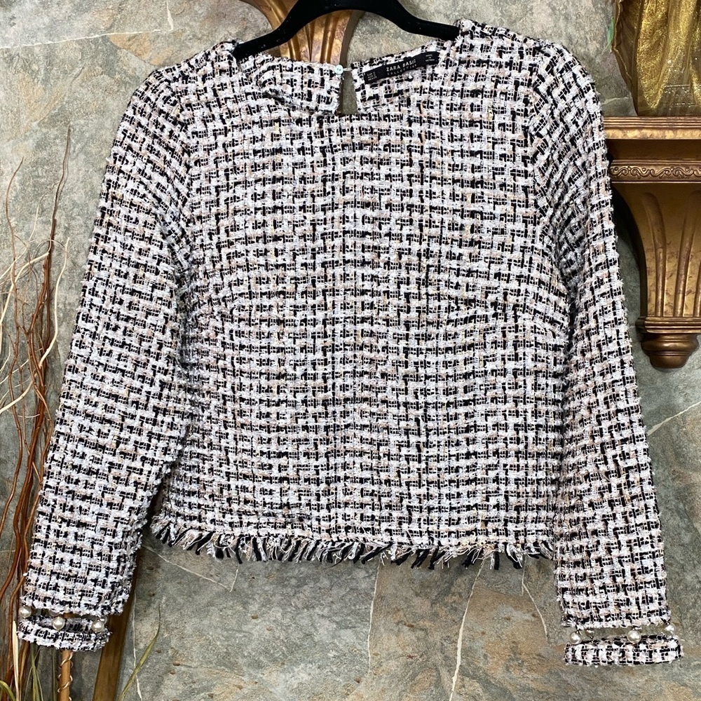 Zara Chic Black and White Tweed shirt Jacket crop top blouse tunic